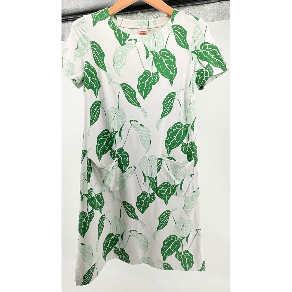 Persifor Womens Green Tropical Leaf Print Shift Dress Short Sleeve Pockets S MOD